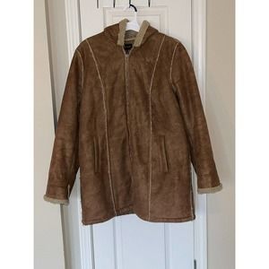 Braetan Women’s Faux Suede Sherpa Lined Hooded Full Zip Brown Tan Coat (Size XL)